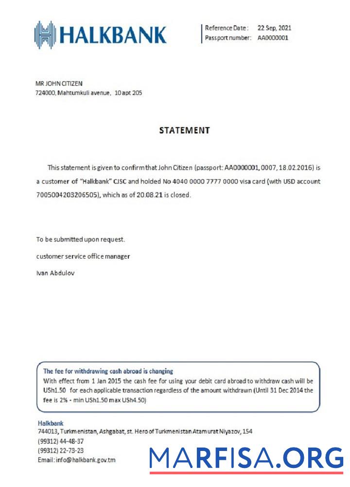 Printable Turkmenistan Halkbank closure reference sample